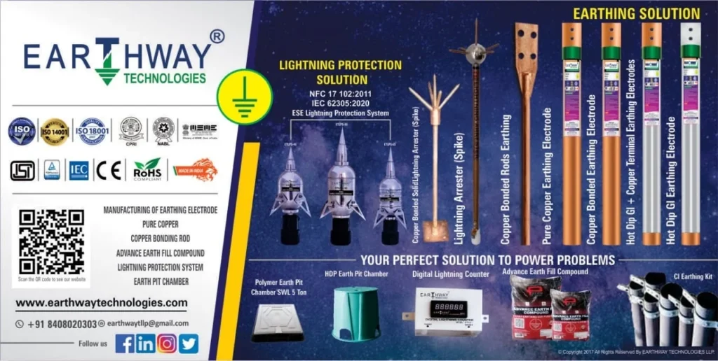 Earthway Technologies lightning protection and earthing solutions, including ESE lightning arresters, copper bonded rods, pure copper electrodes, and HDPE earth pit chambers.